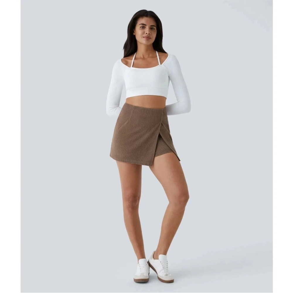 Halara Cocoa Brown AuraCord 2-in-1 Corduroy Skort Slit Skirt XL NWT